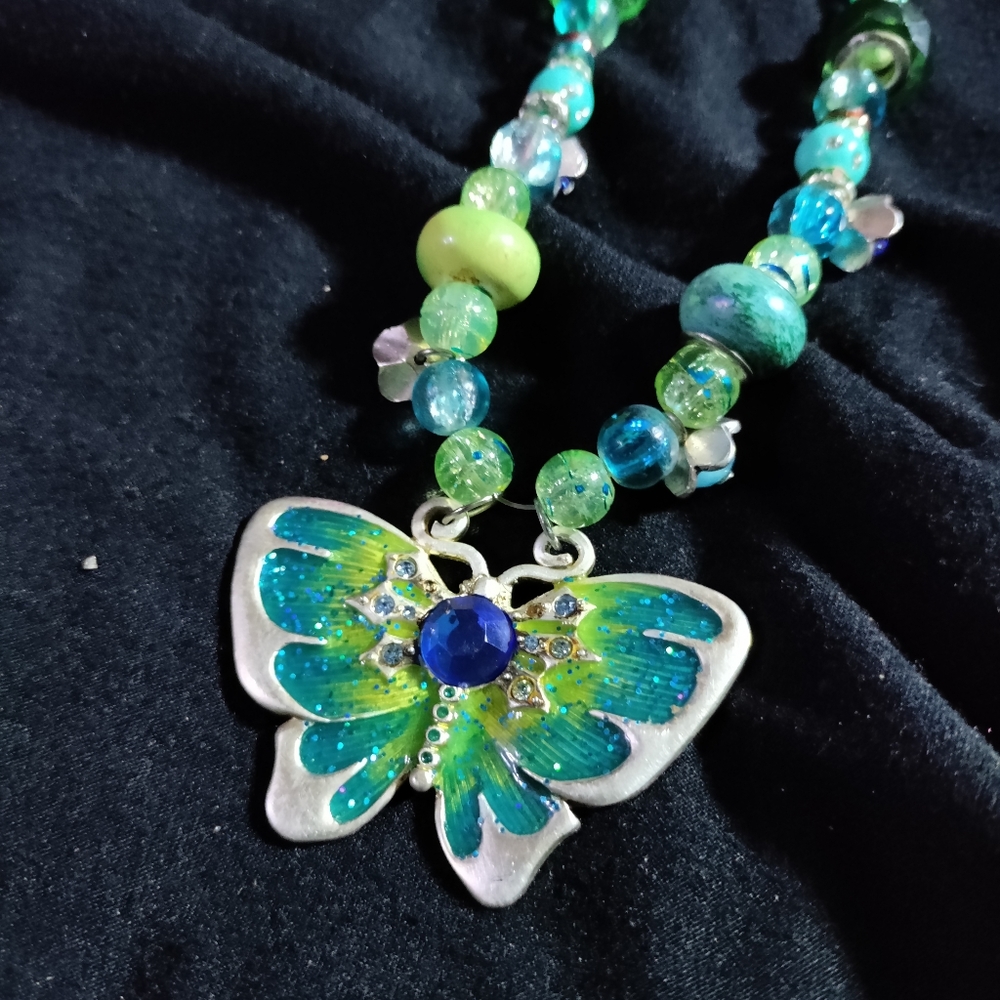 Handbeaded green & blue butterfly necklace